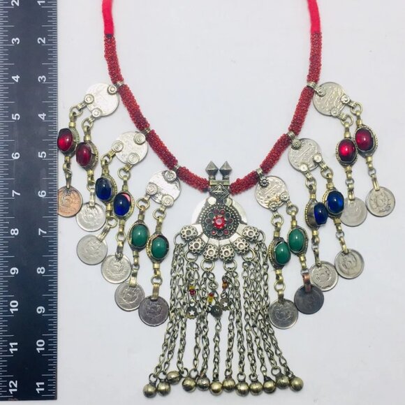 Dangling Coins and Stone Necklace, Beaded Necklace With Vintage Coins - Picture 5 of 6